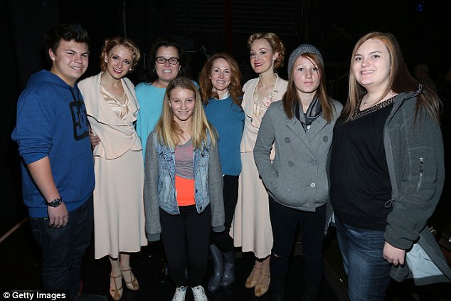 Tough time: Rounds previously attempted to commit suicide in 2015 with pills and wine, but was saved when a friend had security kick down the door to her hotel room (l to r: Blake, Vivienne, O'Donnell, Rounds, Chelsea and a friend at a Broadway show in 2014)