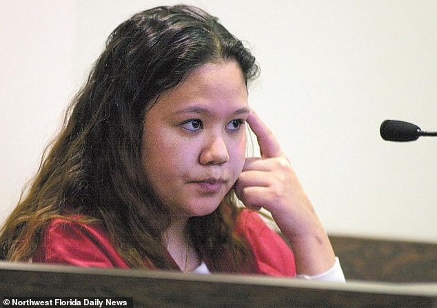 Renee Lincks is pictured in court as a teen accused of tying the father-of-two to a tree and taking turns in battering him with a baseball bat before setting him on fire