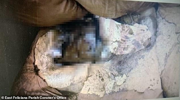 Additional photos seen by DailyMail.com - and not released to the public -  Lacey, who was autistic - almost buried up to her shoulders in a couch crater and smothered in her own waste