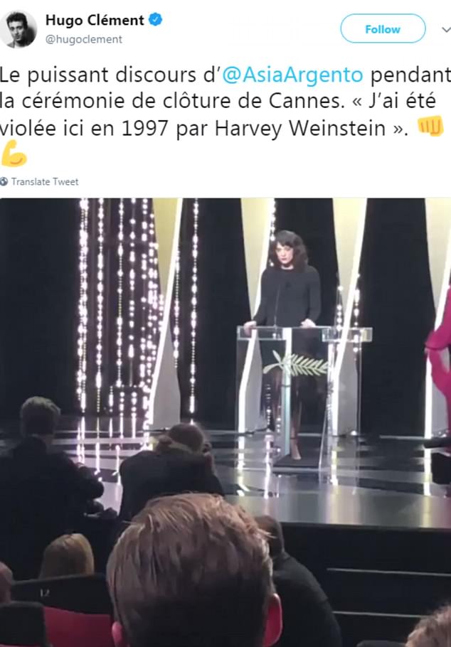 Powerful: It was Clement who posted the speech after accompanying Argento to the ceremony, writing: 'The powerful speech @AsiaArgento [delievered] during the closing ceremony of Cannes. "I was raped here in 1997 by Harvey Weinstein"' (Clement's post above)