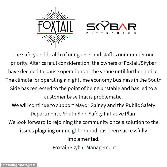 El club Foxtail/Skybar emitió un comunicado el martes diciendo que cerraría 