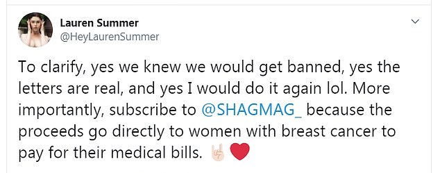 Summer continuó explicando en Twitter que no se arrepiente de mostrar las cámaras porque estaba promocionando Shagmag, que dice que dona las ganancias a organizaciones benéficas contra el cáncer de mama.