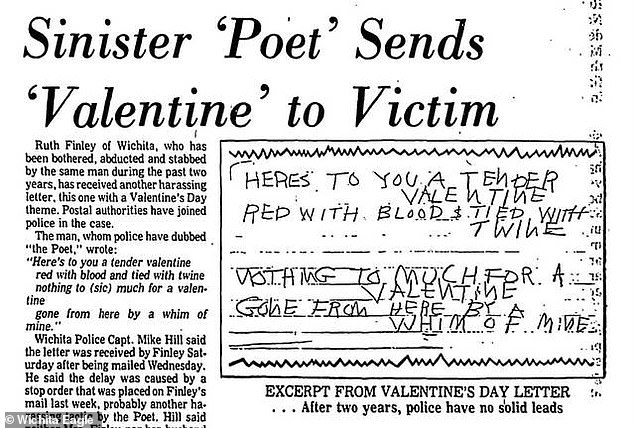 Titulares: Ruth también denunció haber sido secuestrada y apuñalada tres veces.  La carta del Día de San Valentín que recibió de The Poet en 1980 se publicó en The Wichita Eagle.