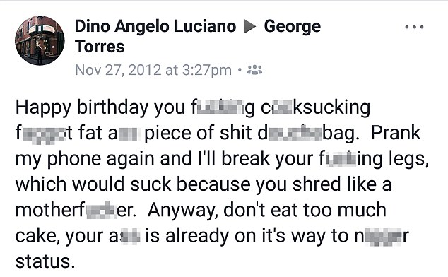 Otro comentario en su cuenta arrojó abusos a un usuario, diciendo: “Feliz cumpleaños f*****gc**ksucking f****t fat ass piece of s**td*****bag (foto)