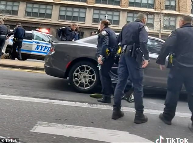En la imagen: la policía de Nueva York investiga la escena después de que el auto del sospechoso de robo se dio a la fuga en un esfuerzo por evitar que huyera