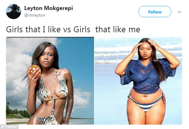 ¿Que qué?  El usuario sudafricano de Twitter Leyton Mokgerepi usó la foto de Lesego en un meme sexista el martes. 