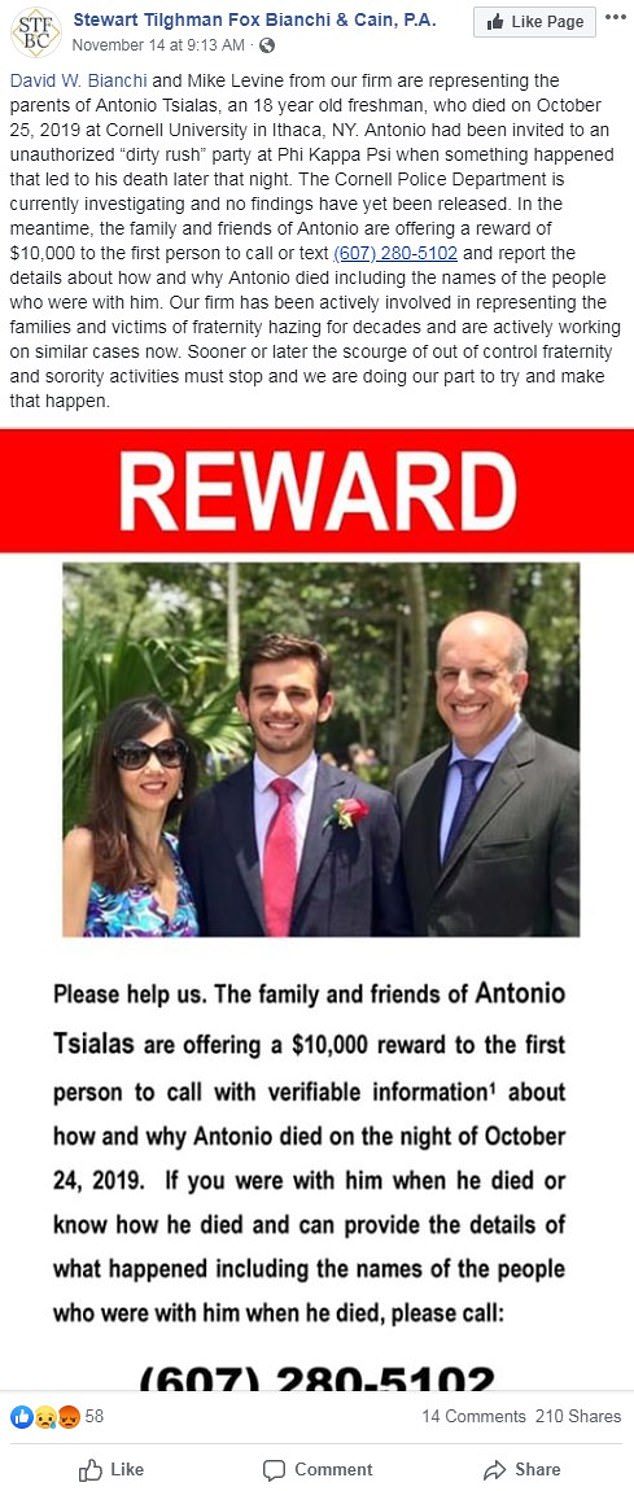 Los abogados de la familia Tsialas compartieron esta publicación de recompensa para obtener información sobre lo que sucedió la noche en que murió Antonio.