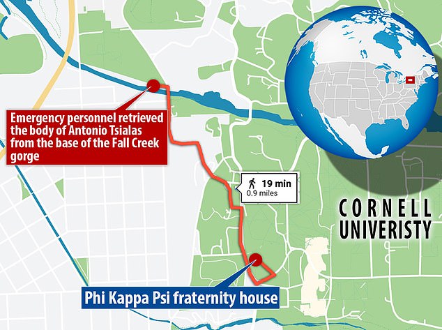Este mapa muestra dónde se supo por última vez que Antonio estuvo la noche del 24 de octubre en la casa de la fraternidad Phi Kappa Psi.  Su cuerpo fue encontrado el 26 de octubre en Fall Creek Gorge en una reserva natural cercana.