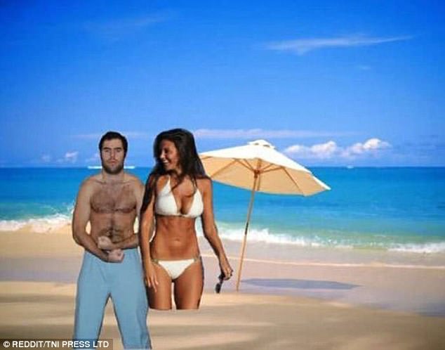 ¿A quién está engañando?  Este hombre no engañará a nadie haciéndoles creer que realmente estaba en la playa con una supermodelo glamorosa con esta pesadilla de Photoshop
