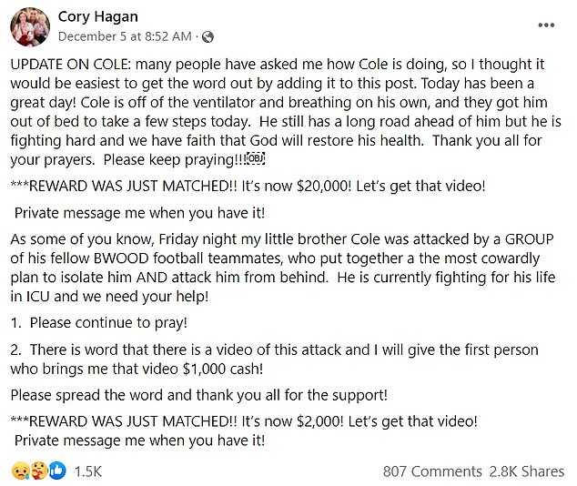 Cory ofreció una actualización junto con una recompensa de $25,000 a cualquiera que quisiera compartir el video del ataque de su hermano.  Cole finalmente está respirando por sí mismo, pero tiene un 'largo camino por recorrer'