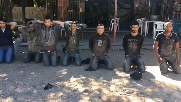 En la foto de arriba están siete de los ocho presuntos miembros del cártel Jalisco Nueva Generación que fueron capturados por el ejército y la policía mexicanos durante un tiroteo el viernes.