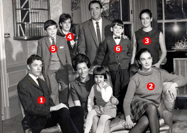 Robert Maxwell (back row, centre) pictured with his wife Betty (sat with youngest daughter Ghislaine on her knee) and seven of their eight children at home in Headington Hill Hall, Oxford. When this photo was taken Ian (5) was 11 years old and attending preparatory school, while Isabel, then 17 (4) was at grammar school with their sister Christine (3), and youngest son Kevin, 8, (6) was at preparatory school. Second oldest son Philip, (1), had entered his second undergraduate yer at Balliol College, Oxford, while Anne (2) was also studying at the university, but at St Hugh's College.